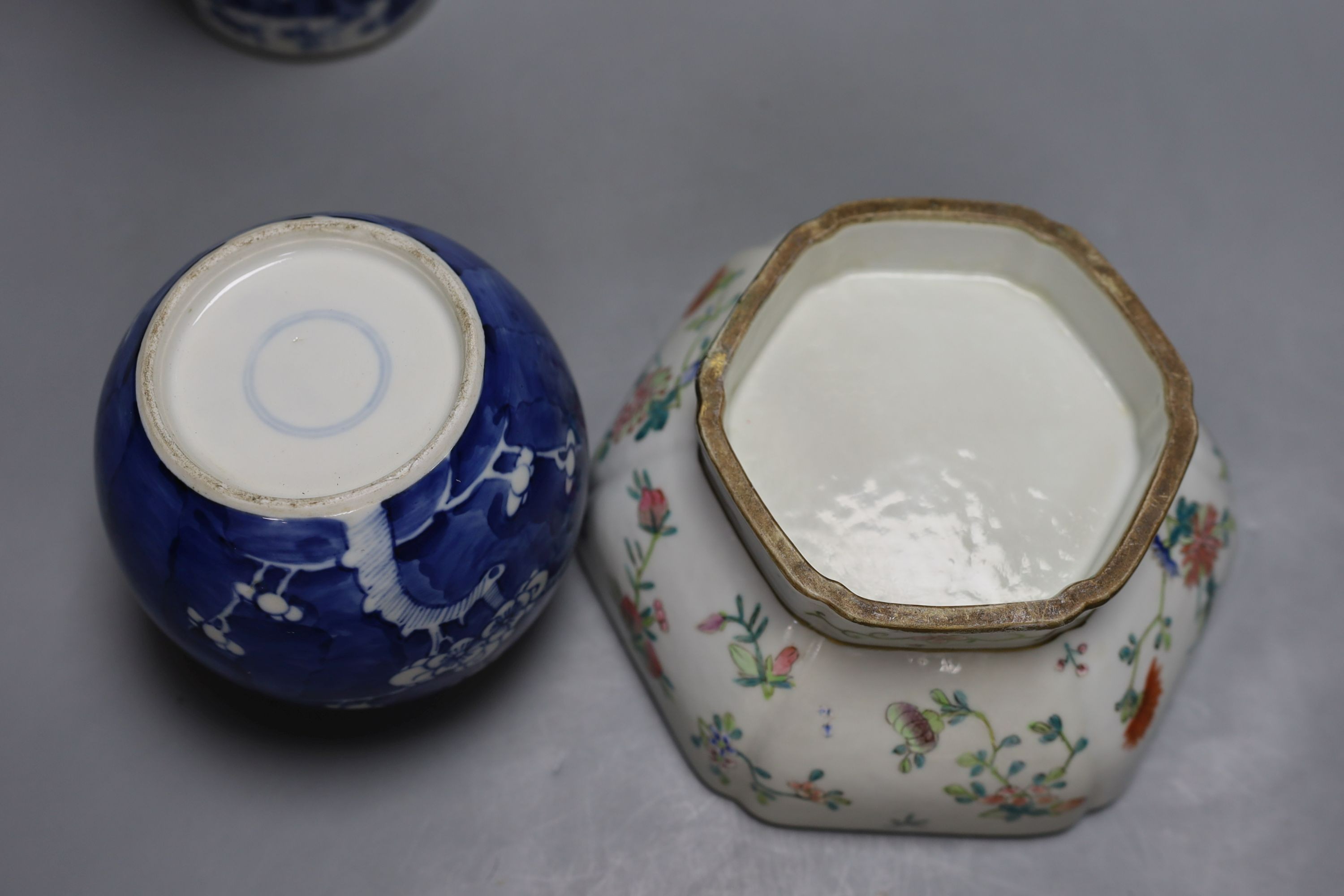 19th century Chinese ceramics, to include a jar, vase and hexagonal famille rose bowl - tallest 29.5cm